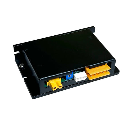 Black metal control module with yellow terminal blocks, blue potentiometer, white JST connector, and orange multi-pin header.