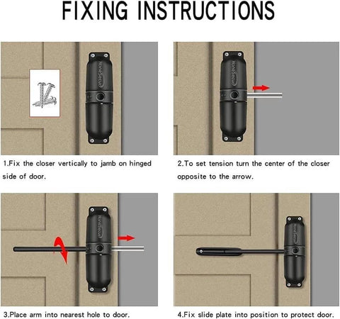 Fixing instructions for Safety Spring Door Closers, Adjustable Closing Hinge, Automatic Stopper Fire Rated, Convert Hinged Doors to Self Closing - Black.