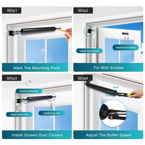 Installation steps for 2 Pack Black Screen Door Closers, Heavy Duty Storm Door Closer Set With Adjustable Pneumatic Cushion.