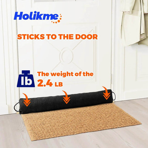 Weighted Door Draft Stopper, 36 Inch Heavy Duty Under Door Blocker With Hook And Loop Fastening, 4.5 Inch Wide Bottom Door Seal For Noise Reduction, Energy Saving, And Spill Prevention, Black blocking a draft under a white door.