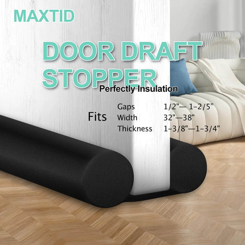 Double Sided Door Draft Stopper For Bottom Of Doors 38 Inches Black Noise Reducer And Breeze Blocker installed on white door