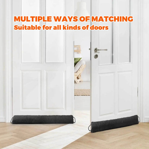 Weighted Door Draft Stopper, 36 Inch Heavy Duty Under Door Blocker With Hook And Loop Fastening, installed on white doors