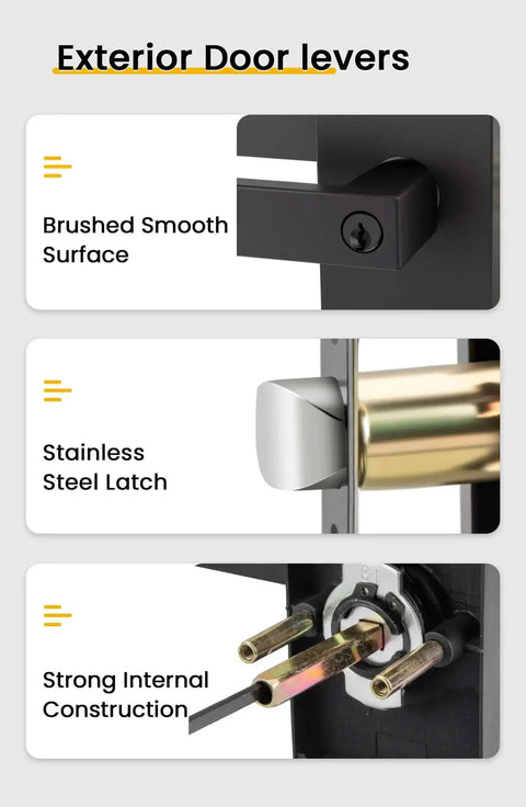 Close-up of Matte Black Exterior Front Door Lock Set With Deadbolt Square Contemporary Design, highlighting brushed finish and steel latch.