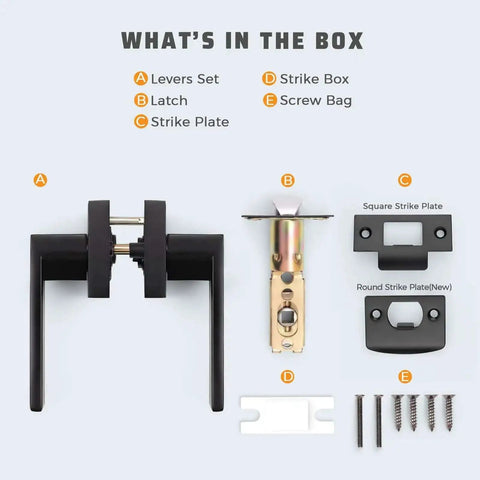 What's included in the 6 Pack Black Interior Door Handles set: levers, latch, strike plate, strike box, screw bag for passage function.