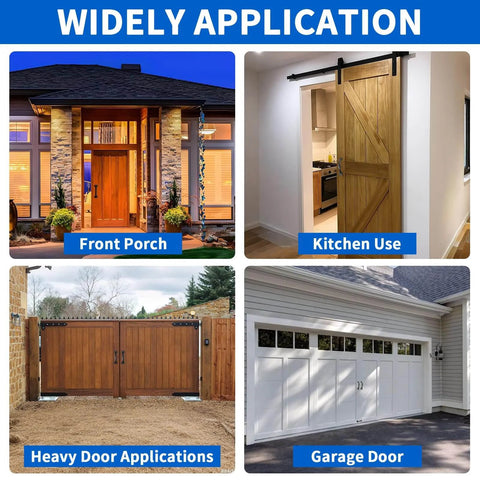 Collage of door applications: front porch, kitchen barn door, heavy wooden gate, and garage door showcasing versatility.