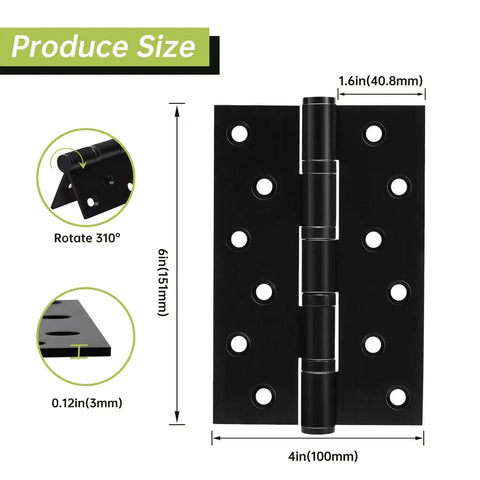 Diagram of Six Pack Black Door Hinges 6 Inch Ball Bearing Heavy Duty Stainless Steel Hinges with screws, square corner design.