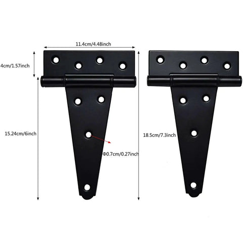 Beefy Gate Hardware Kit With Self Locking Gate Latch And Two 6 Inch T Hinges shown in dimensioned black powder coated steel.