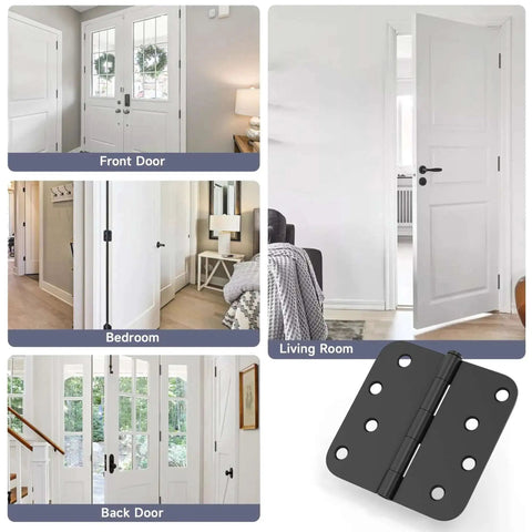 12 Pack 4 Inch Matte Black Exterior Door Hinges With Five Eighths Radius and Square Corners installed on various doors