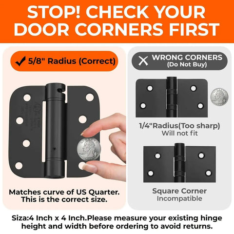 3 Pack Self Closing Door Hinges 4 Inch Black Spring Hinge with 5 Eighths Inch Radius Corner illustration showing correct size