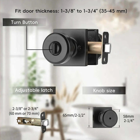 Image of Black Interior Door Knobs For Bathroom And Bedroom Pismo Privacy Doorknob With Turn Lock And Square Rosette, showing adjustable latch and knob size.