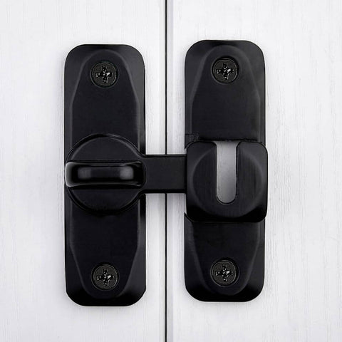 Barn Door Latches,Black 90/180 Degree Gate Lock, close-up of zinc alloy right angle door lock latch on white wooden door.