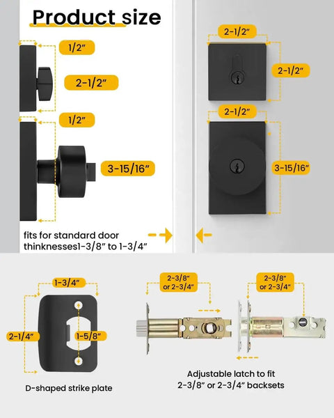 Product size dimensions for Matte Black Exterior Door Lock Set With Square Contemporary Knob And Deadbolt, Heavy Duty Front Door Hardware