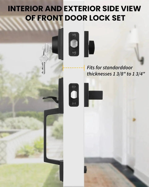 Side view of Matte Black Double Front Door Lock Set with Reversible Lever Handle and Dummy Exterior for left and right handed doors.