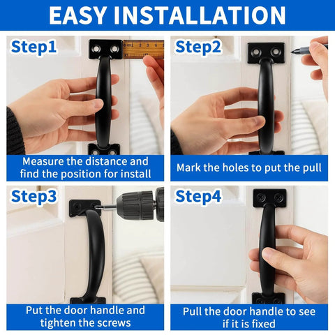 Installation guide for 2PCS 6-1/2 Inch Pulls Black Door Pull Handle Metal on kitchen cabinet door, showing measurement, marking, and screwing steps.