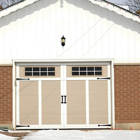 2PCS 6-1/2 Inch Pulls Black Door Pull Handle Metal on beige garage door with white border under a black exterior light