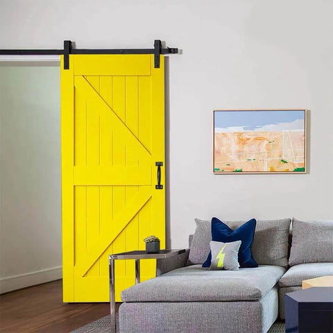 Yellow sliding barn door with 2PCS 6-1/2 Inch Pulls Black Door Pull Handle Metal Kitchen Cabinets Furniture Wardrobe Medicine Handle.