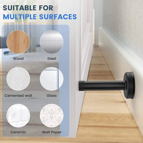 2 Pack No Drilling Door Stoppers With Rubber Padded Tips For Wall Protection, 304 Stainless Steel Sound Dampening Door Stops For Top And Bottom Of Doors, Easy 3M Adhesive Install Or Optional Screws, Black installed on wall near door