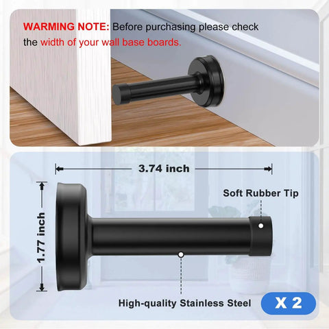 2 Pack No Drilling Door Stoppers With Rubber Padded Tips For Wall Protection, 304 Stainless Steel Sound Dampening Door Stops