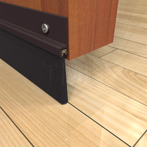 Black Aluminum Door Sweep - 2 Inch Brush x 36 Inch Draft Blocker, Weather Stripping installed on wooden door