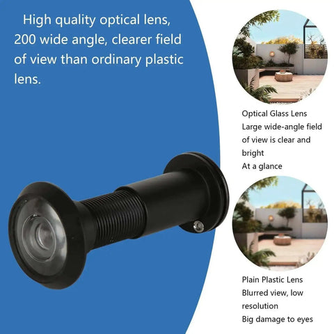 Close-up of black 4 Pack Door Viewers Peepholes with 200 Degree Wide Angle HD Lens showing image clarity comparison and optical glass lens.