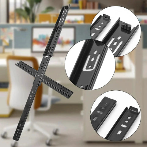 14 Inch Black Full Extension Ball Bearing Drawer Slides Side Mount, showing close-up designs, in an office setting.