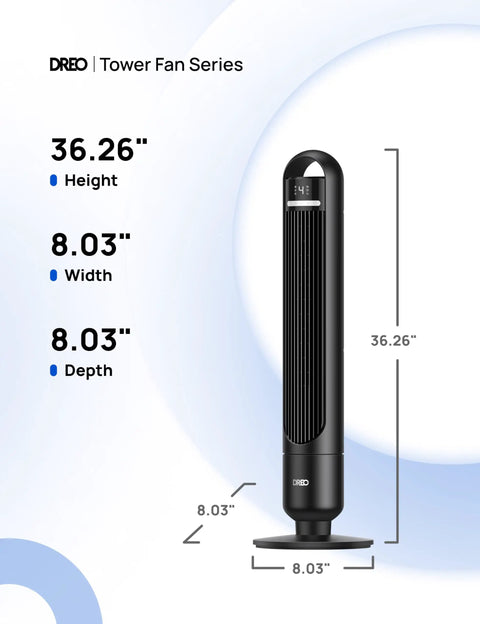 Dreo Tower Fan for Bedroom, 90° Oscillating Standing Fans for Room with dimensions 36.26" height, 8.03" width, and 8.03" depth