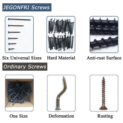 High Hardness Drywall Screws Assortment Kit 166 Pieces Coarse Thread Phillips Drive Black Wood Screws with six sizes comparison