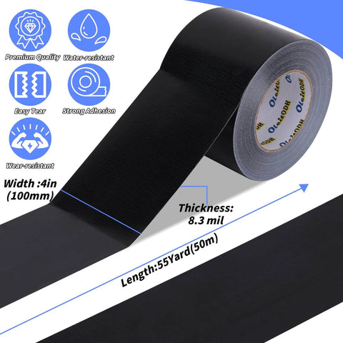 4 Inch Black Duct Tape Pack Of 4, Heavy Duty 220 Yards, 8.3 Mil Thick, Waterproof Backing, Tear By Hand, No Residue