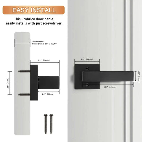 Installation diagram of 4 Pack Black Dummy Door Levers For Non Turning Interior Doors with measurements and mounting details.