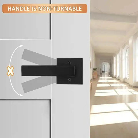 4 Pack Black Dummy Door Levers For Non Turning Interior Doors mounted on a white panel in a sunlit corridor