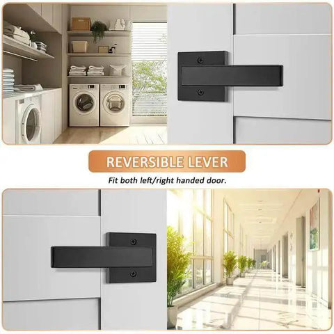 4 Pack Black Dummy Door Levers For Non Turning Interior Doors installed on white doors with reversible handle feature