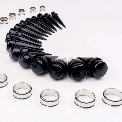 Essential 32 Piece 00G Ear Stretching Kit With Surgical Steel Tapers Tunnels And Acrylic Plugs For 1 Inch Gauge Includes Black