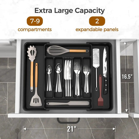 Expandable Extra Large Silverware Organizer For Deep Kitchen Drawers With Two Adjustable Panels BPA Free Food Safe Plastic For Spoons Forks And Knives Black No Assembly Needed Unfolds To Fit Most Drawers Keeps Flatware Neatly Separated