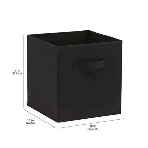 Black collapsible fabric storage bin with sturdy handle for closets, shelves, and offices, size 10.5 x 10.5 x 11 inches.