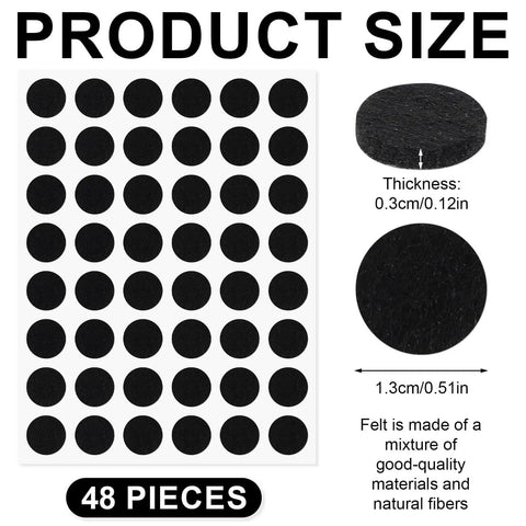 48 Pack Felt Pads for Furniture and Cabinet Doors, 1/2 Inch Black Round Self Adhesive Protectors with thickness shown