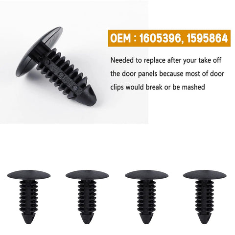 3 In 1 GM Fender Liner Clips And Push Pin Kit 40 Pc Replacement Fasteners For Inner Wheelwell Bumper And Under Hood Panels Directly Replaces OEM 11589292 A20991 21030249 On GMC Buick Trucks, close-up of black push pins with OEM numbers 1605396, 1595864 visible.