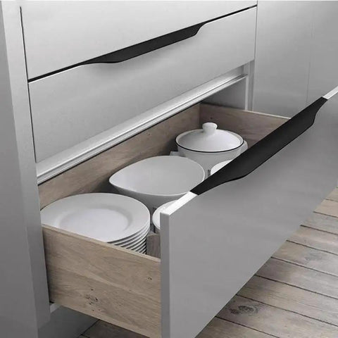 Drawer with 5 Pack Concealed Finger Pulls For Cabinets And Drawers, black aluminum handles on kitchen cabinet, installed view