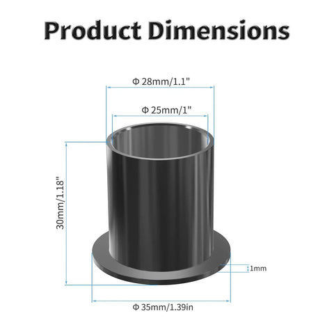 Dimensions of Four Pack POM Flanged Sleeve Bearings 25mm ID By 28mm OD By 30mm Length With 35mm Flange Diameter