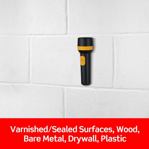 Flashlight mounted on a wall using Extreme Interlocking Fasteners That Bond On Contact, 4 Strips 1 Inch By 3 Inches, Weather, Dirt And UV Resistant, Reclosable Dual Lock Technology, Holds 2 Lbs Per Set, No Tools Needed, Ideal For Painted Drywall, Painted Wood, Metal, Acrylic, Tile And More.