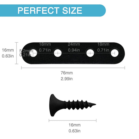 Image showing a 14PCS 2.99” x 0.63” Black Straight Flat Brace and screw with measurements visible, for wood furniture chair.
