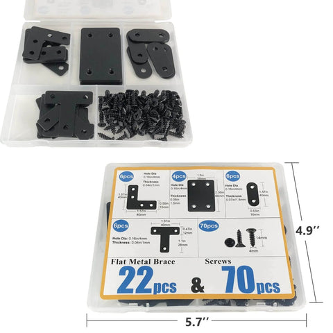 22 Pack Straight Brace Stainless Steel Black Flat Brace Straight Corner Braces with screws in a box with diagram