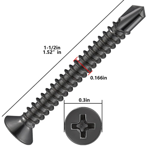 Close-up image of a 200pcs #8 x 1-1/2 Inch Flat Head Self Tapping Sheet Metal Screw, black stainless steel with dimensions marked.