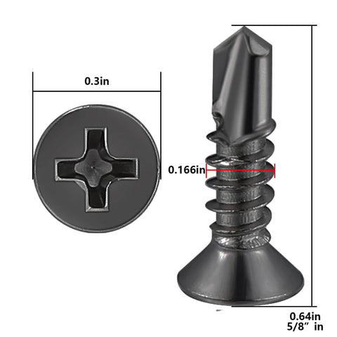 Close-up of 500pcs #8 x 5/8 Inch Flat Head Self Tapping Sheet Metal Screws, black stainless steel with deep threads, for wood and metal fastening.