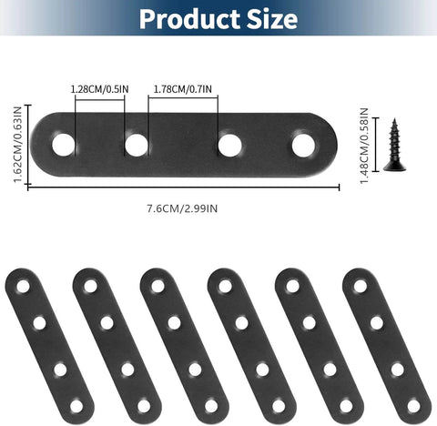 Image of 12 PCS 2.99'' x 0.63'' Stainless Straight Flat Brackets, Black Flat Metal Brace Bracket with screws, showing size dimensions.