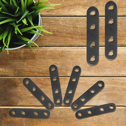 12 PCS 2.99'' x 0.63'' Stainless Straight Flat Brackets, Black Flat Metal Brace Bracket, displayed on a wooden surface
