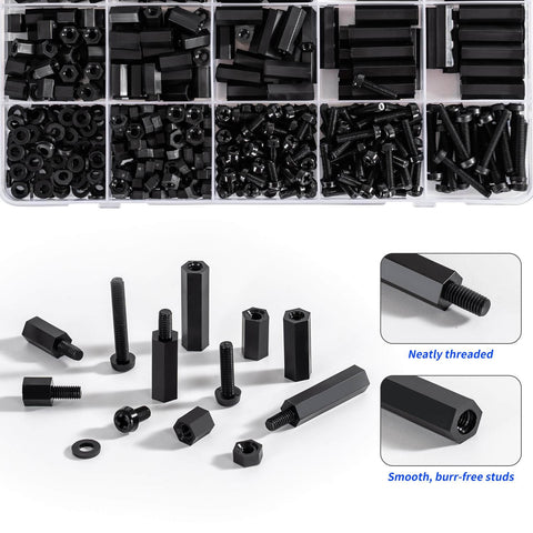 580 PCS M3 Black Nylon Standoff Kit with Spacers, Screws, and Nuts for Motherboard mounting, showing various sizes and details.