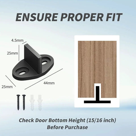 Dimensions and installation guide for 8 Pack Black Floor Guide For Sliding Barn Door Hardware with included screws.