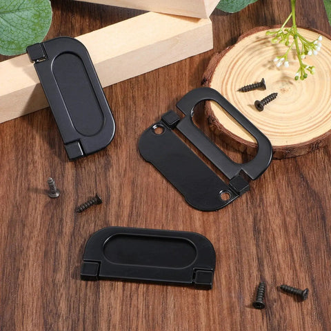 Black hardware with screws, including Six Pack 3 Inch Flush Pull Ring Handles With Screws Hidden Recessed Sliding Door Pulls for furniture.