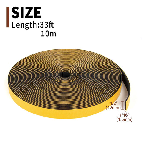 Yotache foam weather stripping tape, 1/2 in wide x 1/16 in thick, 33 ft roll, black foam with yellow backing