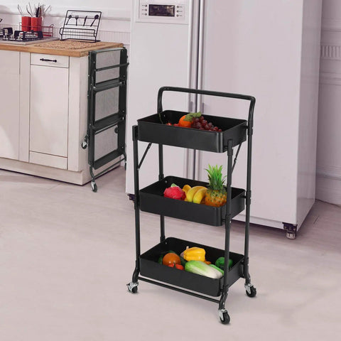 Foldable 3 Tier Metal Utility Rolling Cart With Locking Folding Design For Easy Storage And Mobility in kitchen.